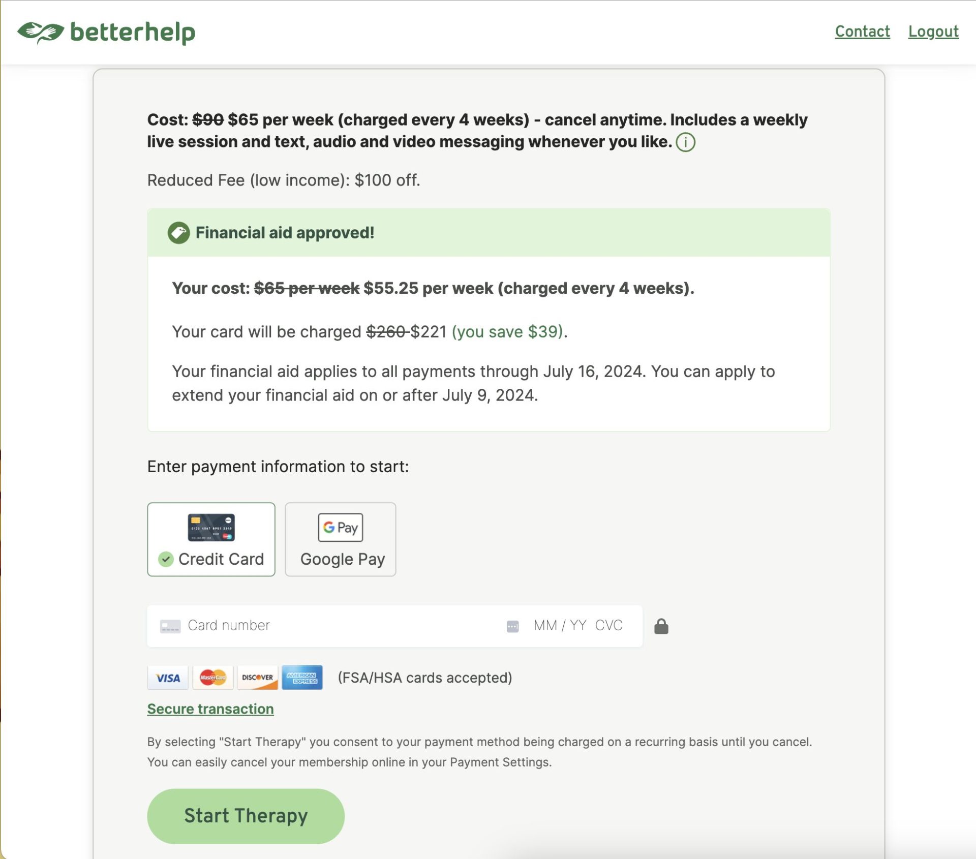 Cost breakdown after financial aid approval